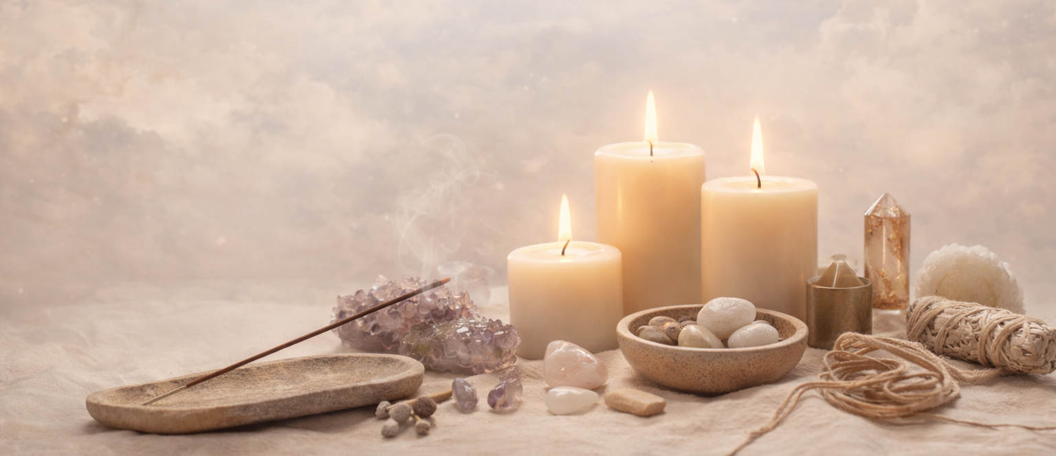 Candles and decorative items on a textured surface with a soft, neutral background
